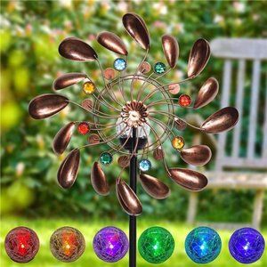 Solar Wind Spinner 57in Bronze Metal with Multi-Color LED Changing Solar Powered